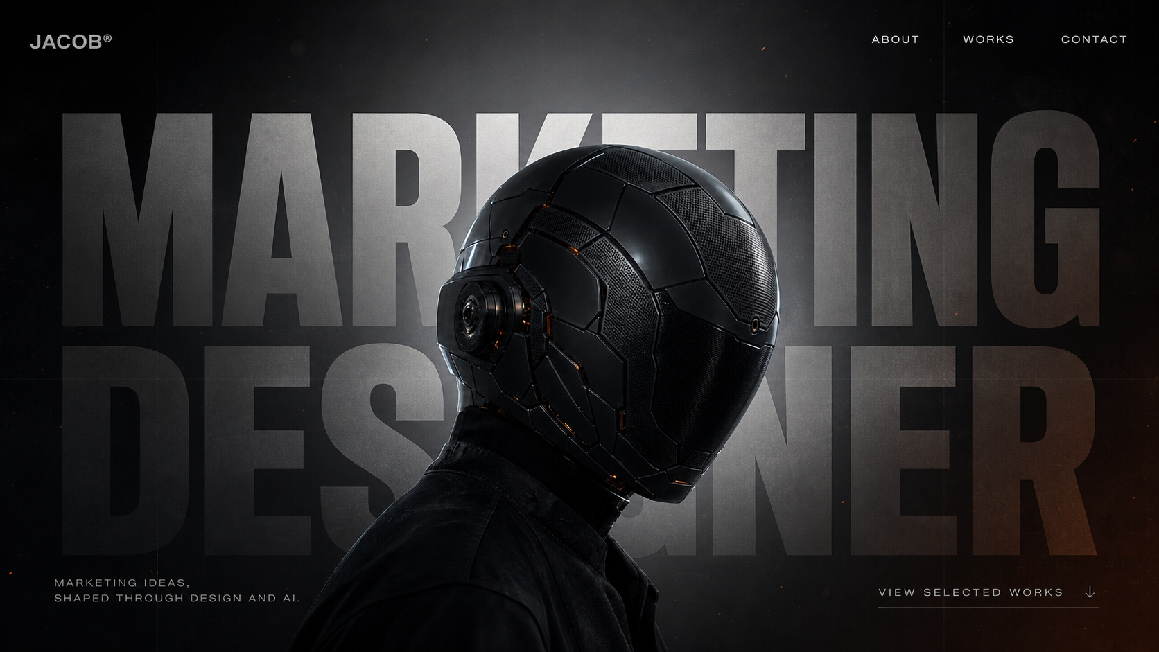 Jacob Marketing Designer hero artwork with a black AI helmet figure